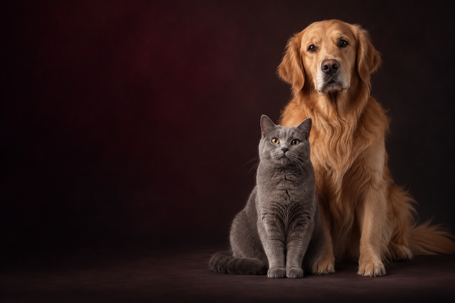 Retrato editorial de un perro golden retriever y un gato gris